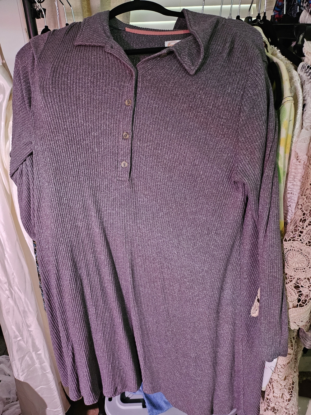 wonder nation Ribbed Long Sleeve Polo Top - Mauve Purple